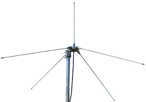 VHF monocone with ground plane, stainless steel, 118-137 MHz or 148-175 MHz, field trim, 50W, BNC male, 10m cable, 2.1 dBi – 1.2m