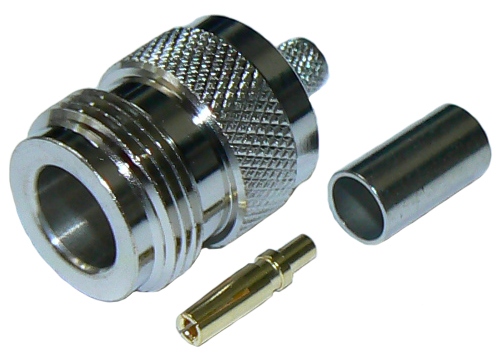 N-type female crimp connector for RG58 coaxial cables, DC-11 GHz, 50 Ohms – tri-metal plated