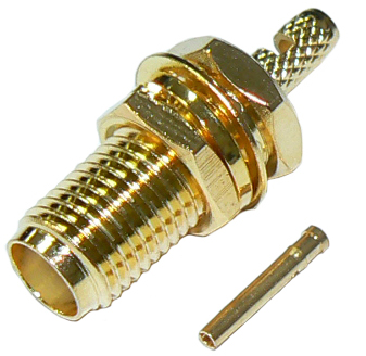 SMA plated female bulkhead crimp connector for RG178B/U miniature coaxial cable, DC-18 GHz, 50 Ohms – gold plated