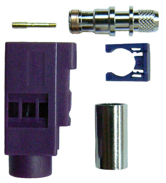 Fakra SMB female, solder pin, crimp connector for RG58 coaxial cables, DC-6 GHz, 50 Ohms – bordeaux violet – Code D, Cellular, RAL 4004